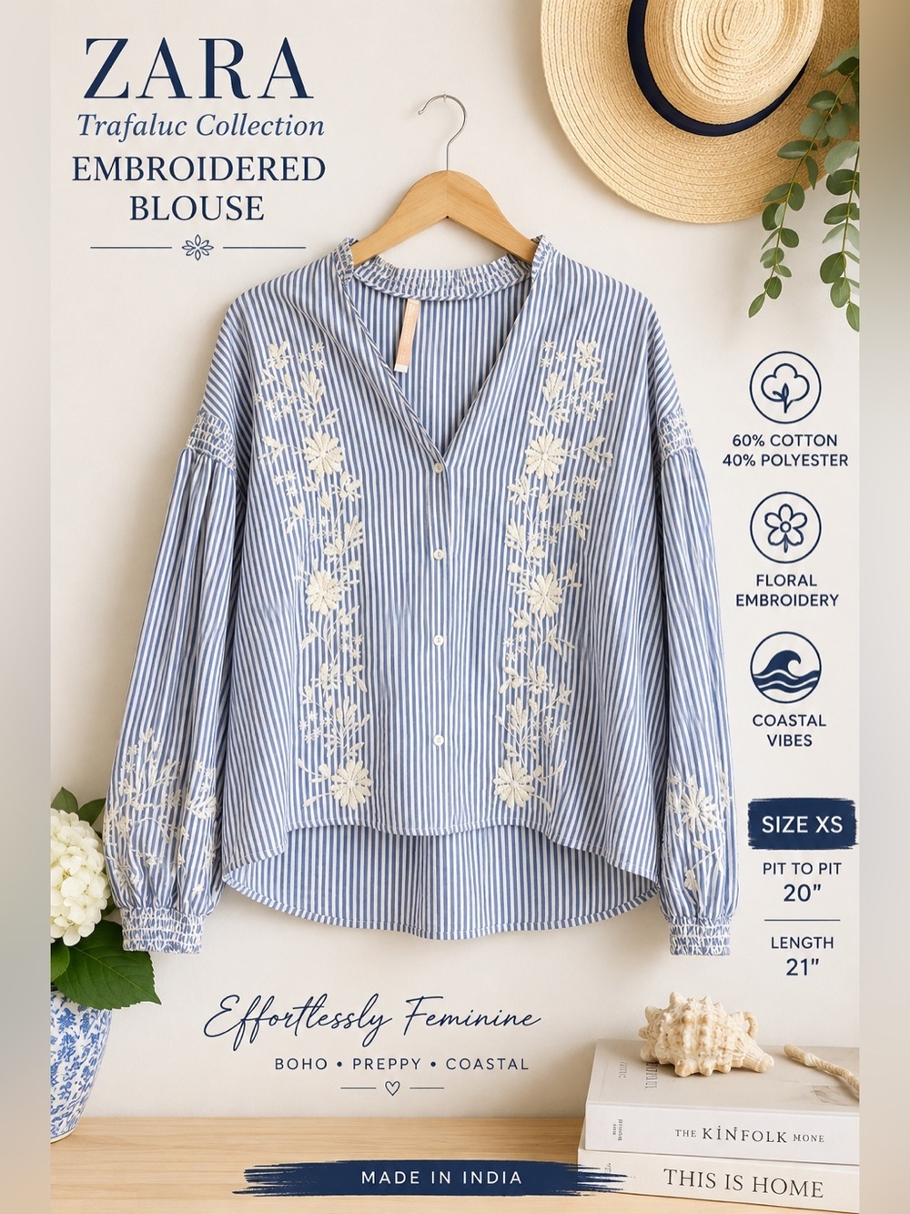 Zara Trafaluc Blue White Striped Embroidered Floral Blouse XS Boho